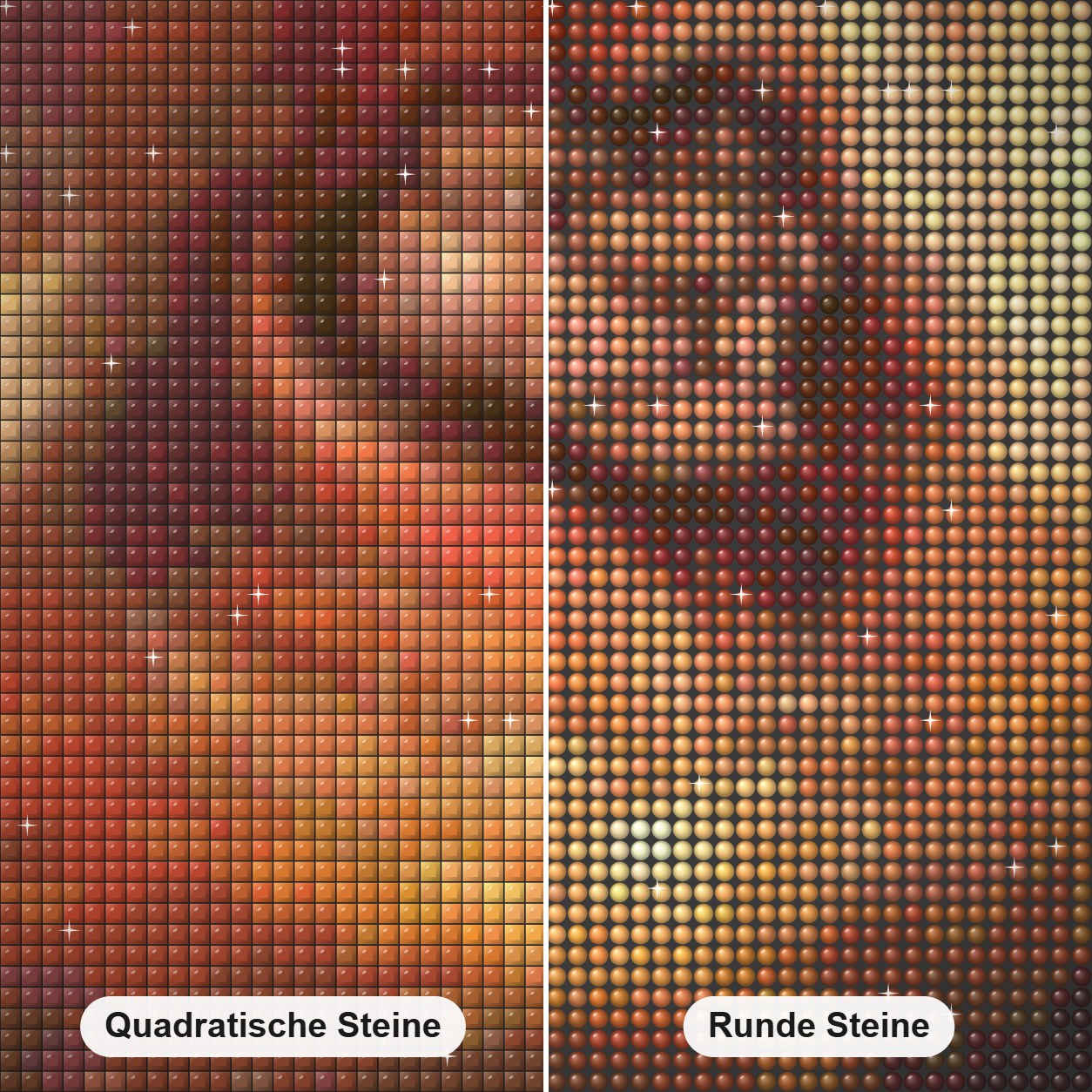 imba & Löwenkönig Diamond Painting Nahaufnahme mit quadratischen und runden Steinen