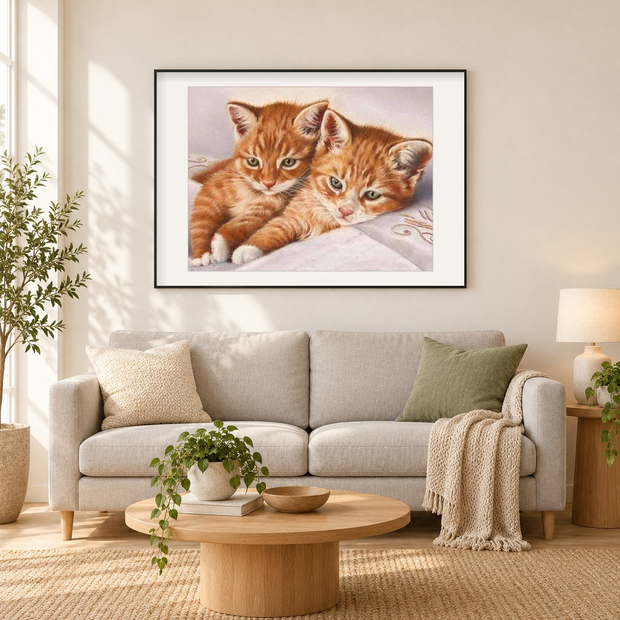 Ingwer-Katzenpaar als gerahmtes Diamond Painting im Wohnzimmer