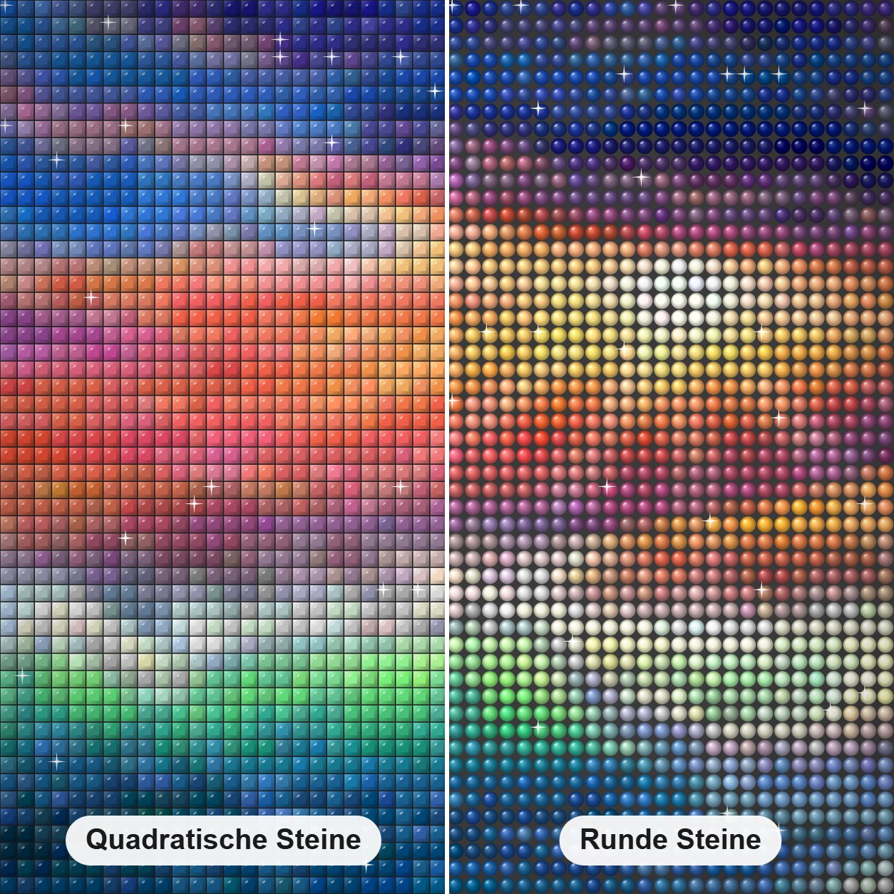 Inselparadies Diamond Painting Nahaufnahme mit quadratischen und runden Steinen
