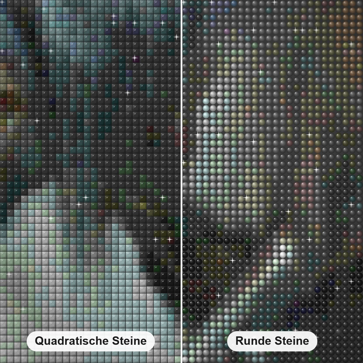 In die Wildnis - Kunst des Linda Wilder Diamond Painting Nahaufnahme mit quadratischen und runden Steinen
