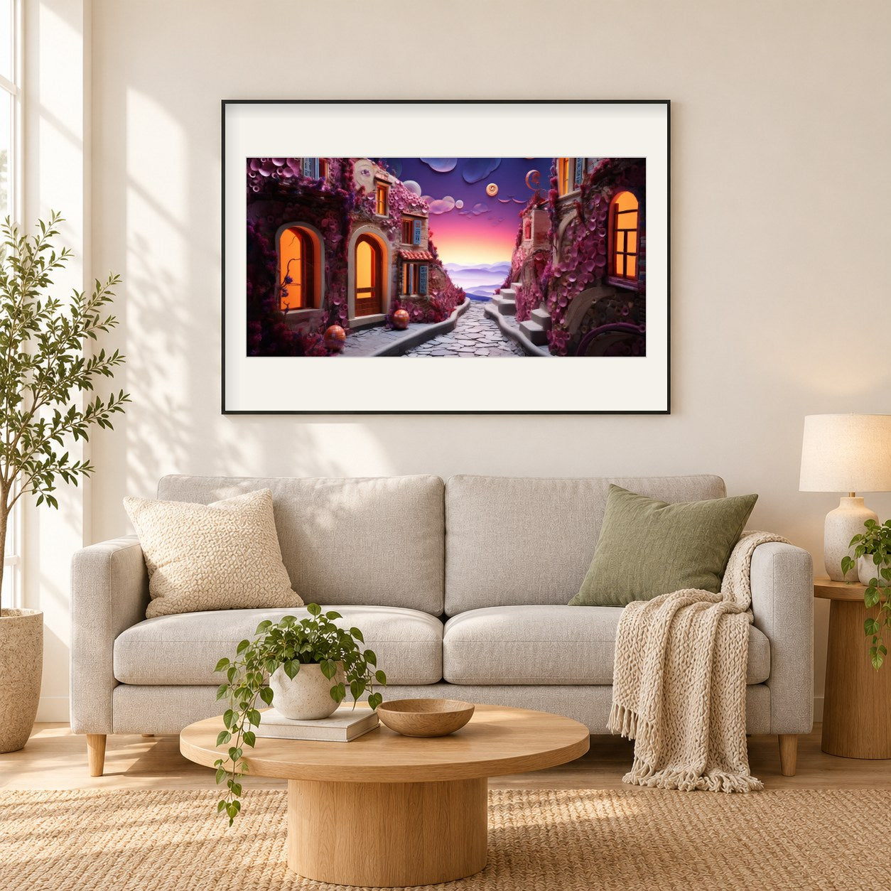 Es ist Zeit für die Morgenbrise als gerahmtes Diamond Painting im Wohnzimmer