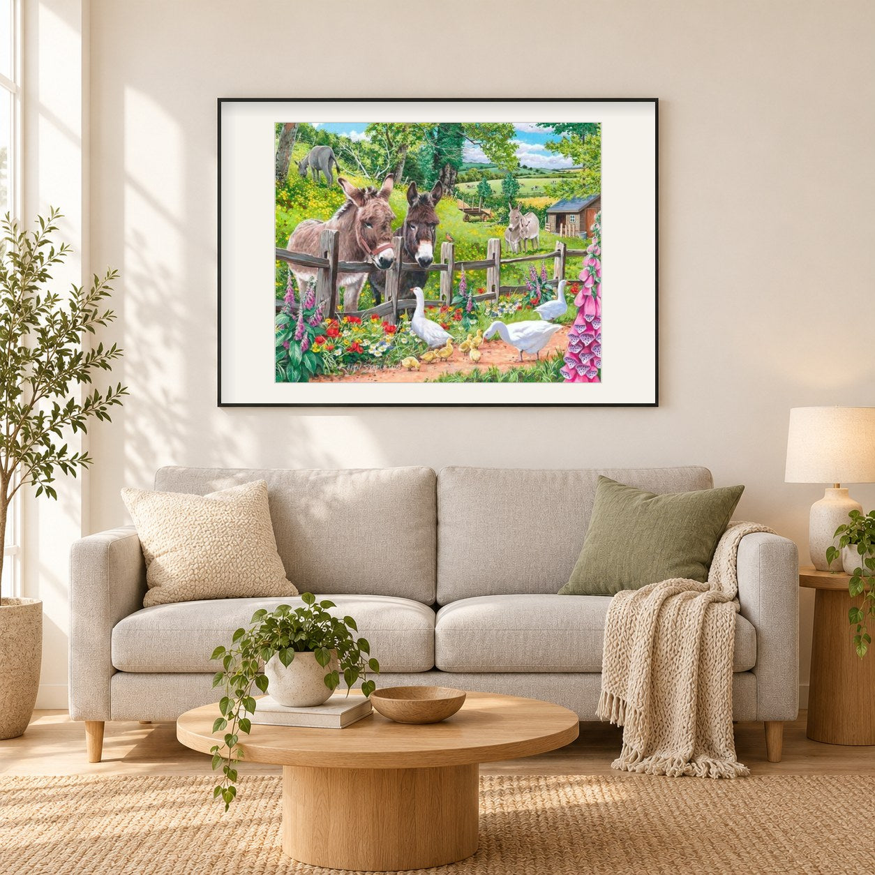 Jack & Jenny Lorbeer Sammlung als gerahmtes Diamond Painting im Wohnzimmer