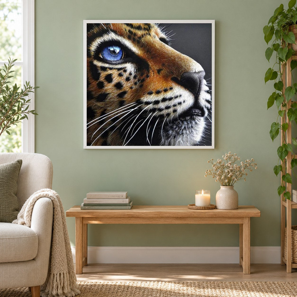 Jaguarjunges mit blauen Augen als gerahmtes Diamond Painting im Wohnzimmer