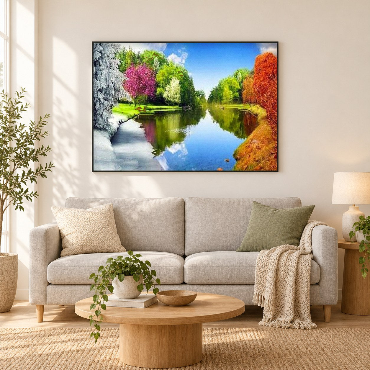 Jahreszeiten als gerahmtes Diamond Painting im Wohnzimmer