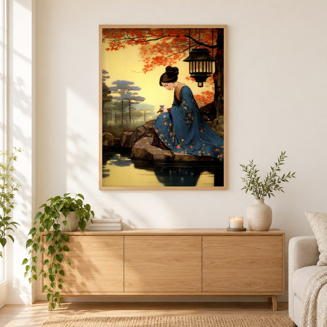 Japanische Dame als gerahmtes Diamond Painting im Wohnzimmer