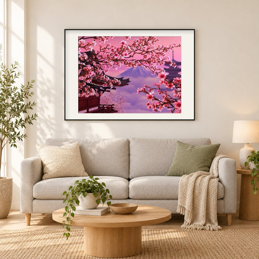 Japanische Kirschblüten als gerahmtes Diamond Painting im Wohnzimmer