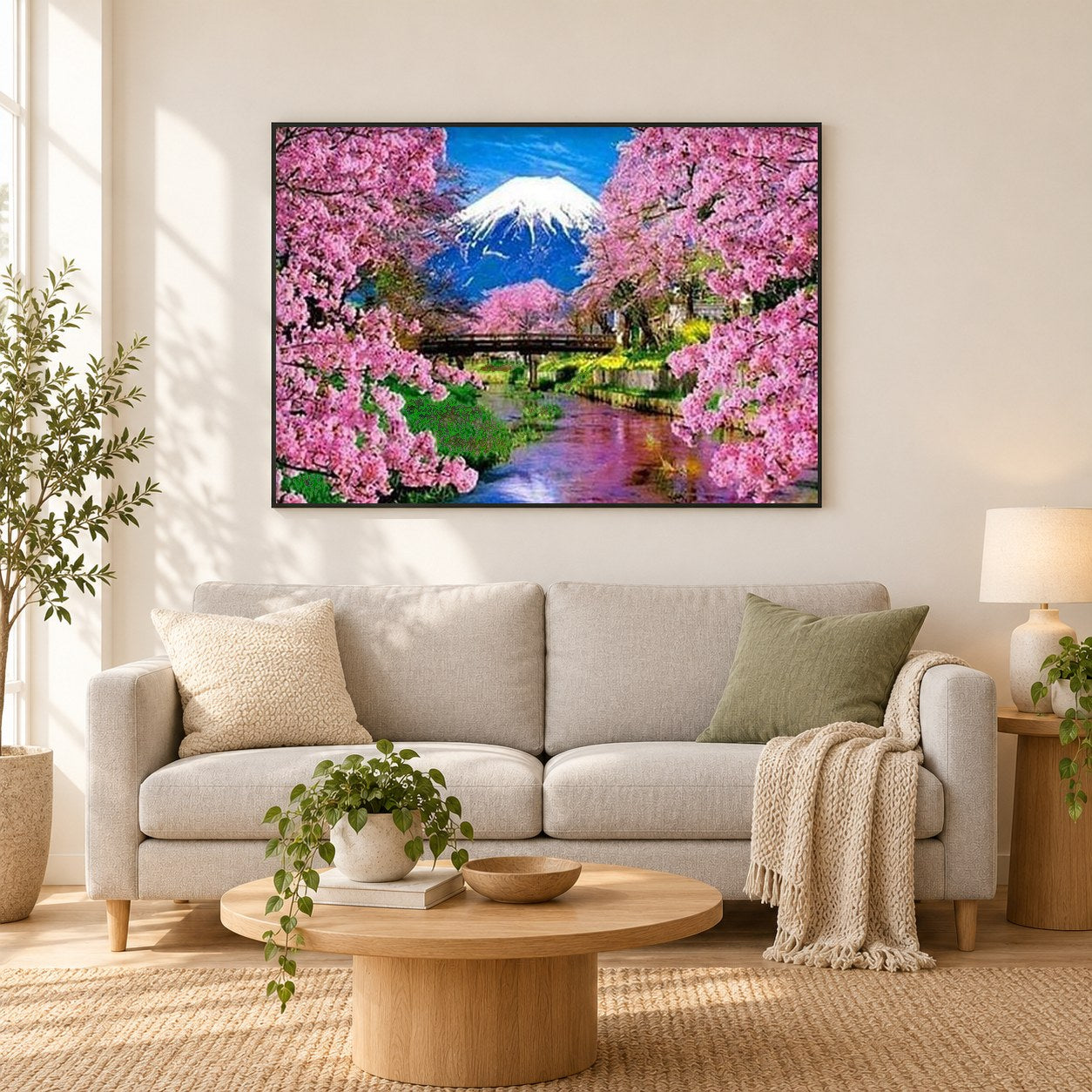 Japanische Kirschblüten Frühling als gerahmtes Diamond Painting im Wohnzimmer