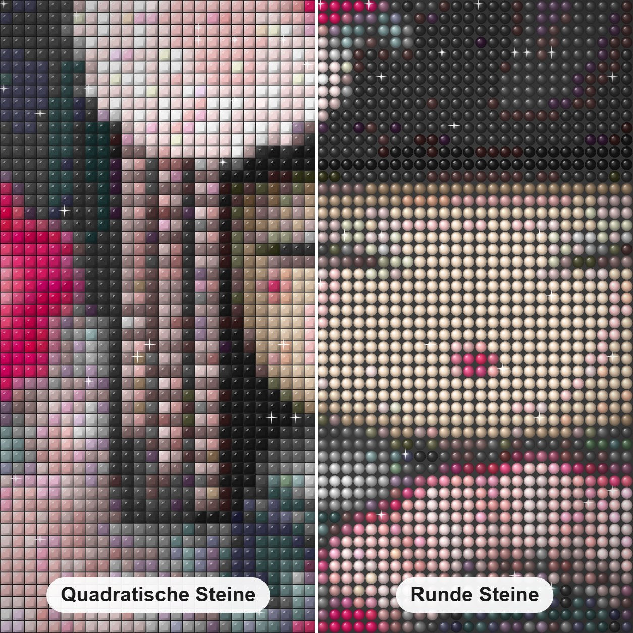 Japanische Puppe Diamond Painting Nahaufnahme mit quadratischen und runden Steinen