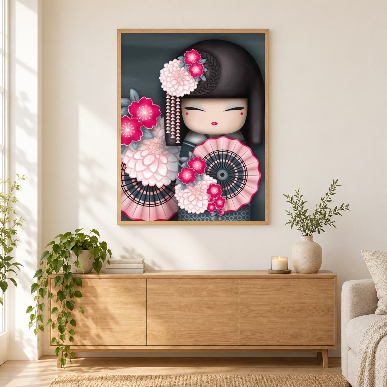 Japanische Puppe als gerahmtes Diamond Painting im Wohnzimmer