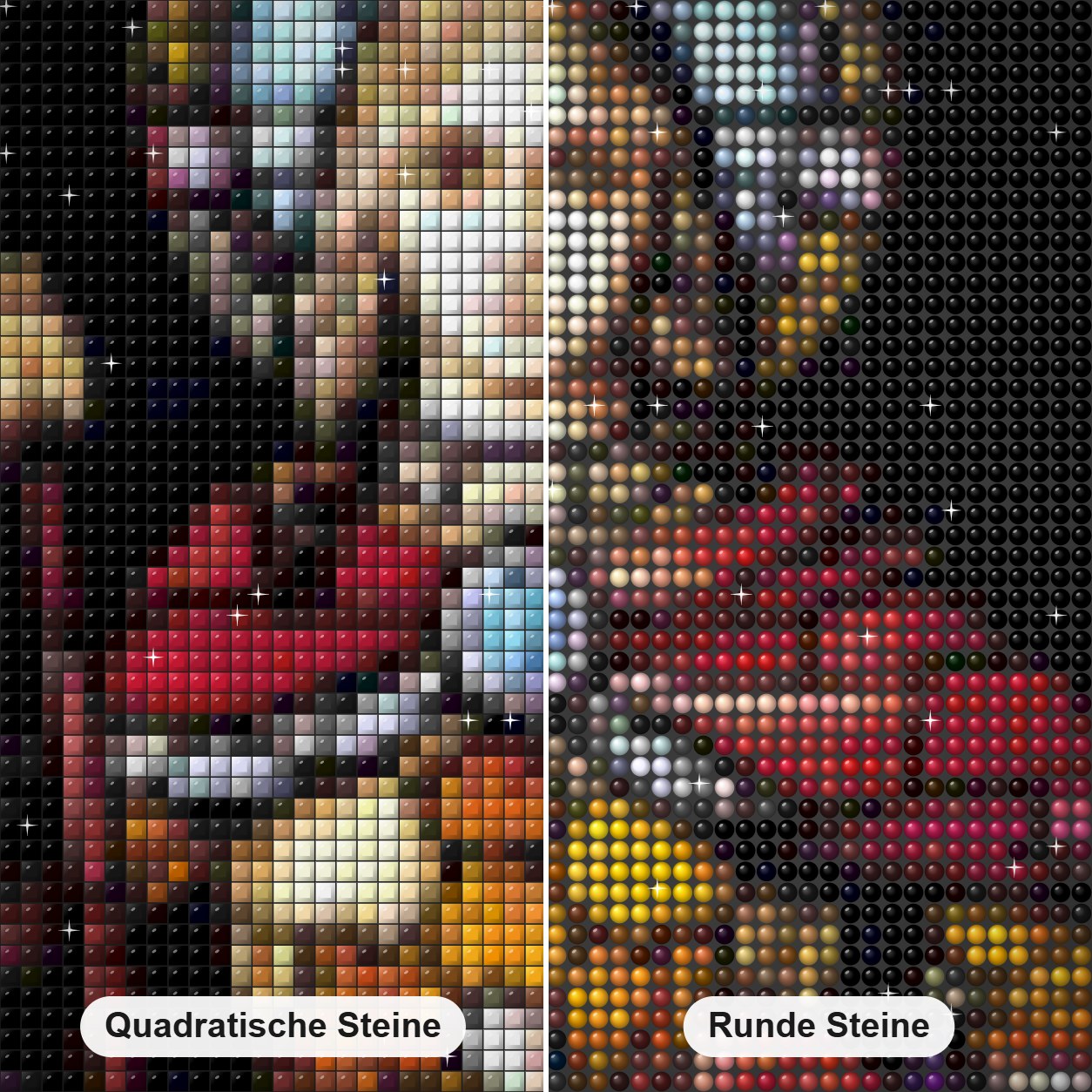Jeanne d'Arc Glasmalerei Diamond Painting Nahaufnahme mit quadratischen und runden Steinen