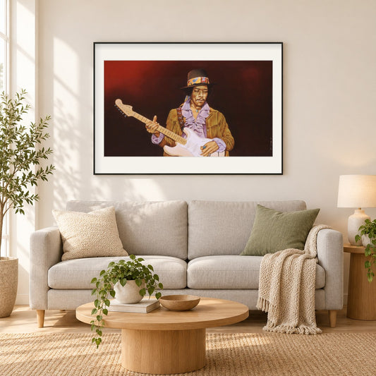 Jimi Hendrix - Kunst des Eric Wilson als gerahmtes Diamond Painting im Wohnzimmer