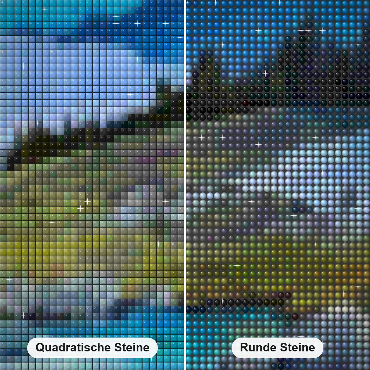 Jumbo-Pass - Kunst des Linda Wilder Diamond Painting Nahaufnahme mit quadratischen und runden Steinen