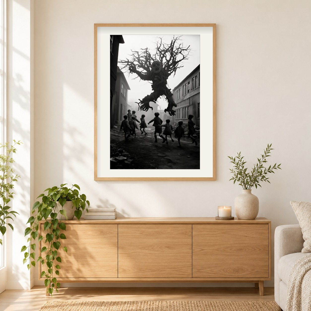 Springender Baum als gerahmtes Diamond Painting im Wohnzimmer