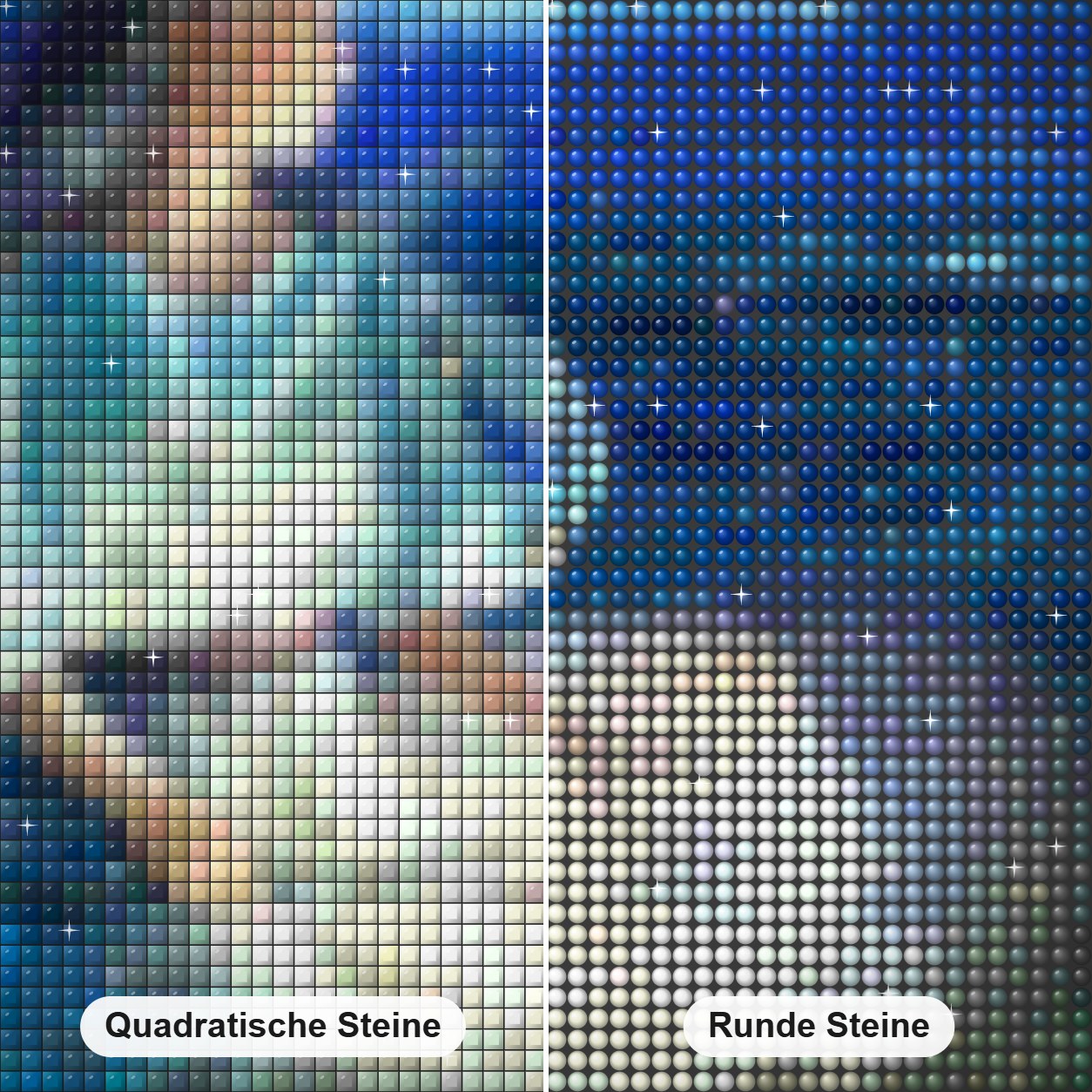 Jungfrau Tierkreis Diamond Painting Nahaufnahme mit quadratischen und runden Steinen