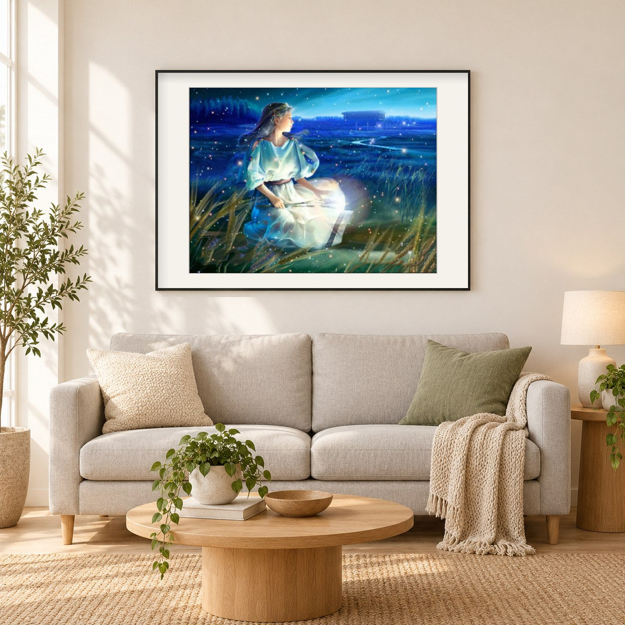 Jungfrau Tierkreis als gerahmtes Diamond Painting im Wohnzimmer
