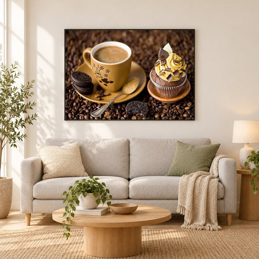 Kaffee & Cupcake als gerahmtes Diamond Painting im Wohnzimmer