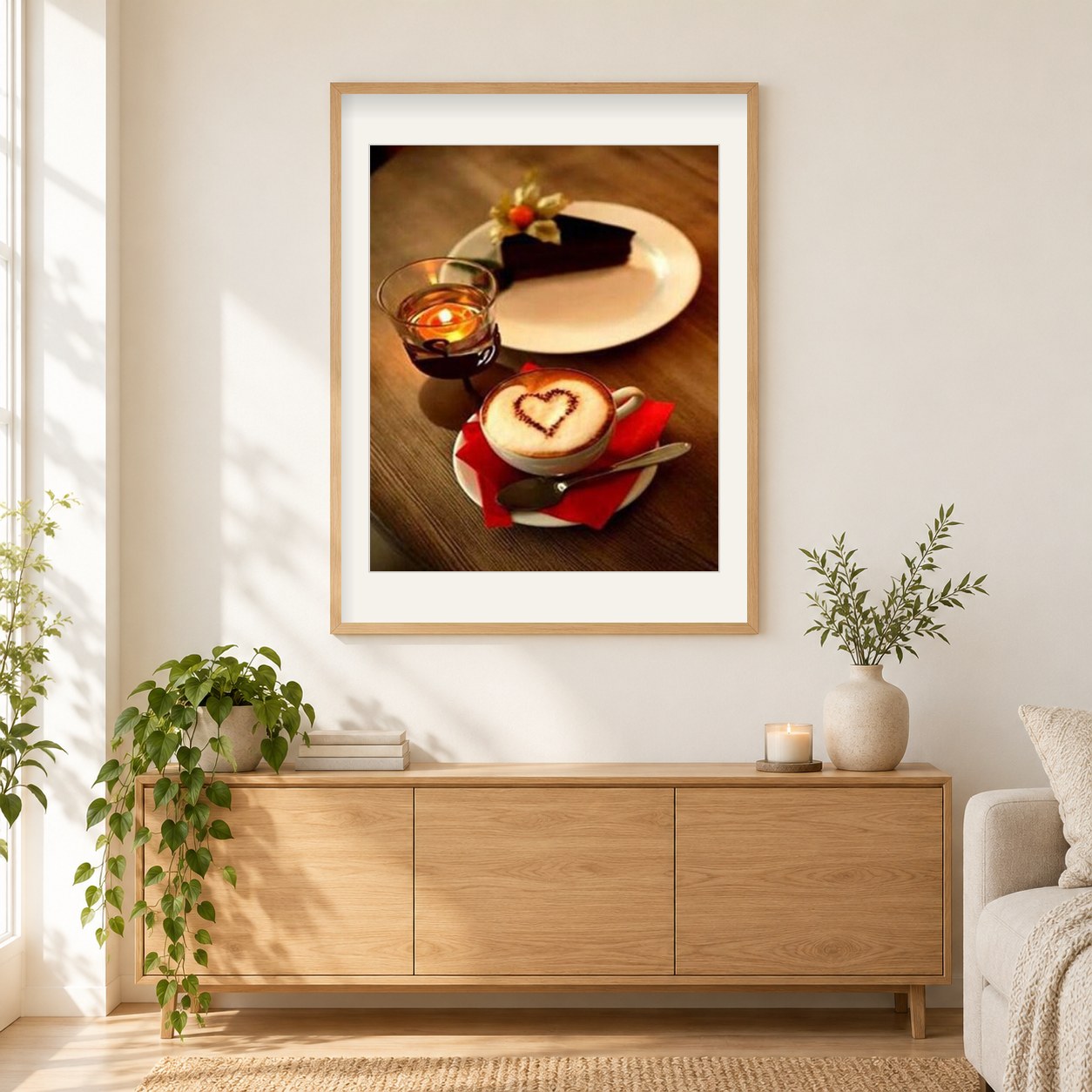 Kaffee & Schokoladenkuchen als gerahmtes Diamond Painting im Wohnzimmer