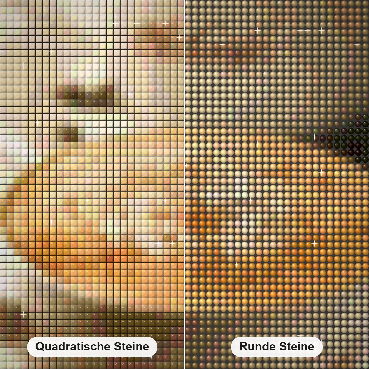 Kaffeebohnen Diamond Painting Nahaufnahme mit quadratischen und runden Steinen