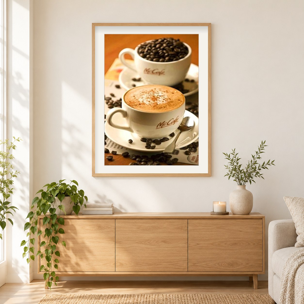 Kaffeebohnen als gerahmtes Diamond Painting im Wohnzimmer