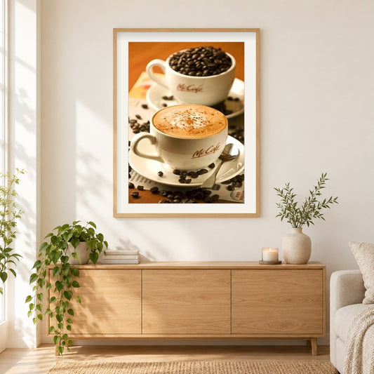 Kaffeebohnen als gerahmtes Diamond Painting im Wohnzimmer