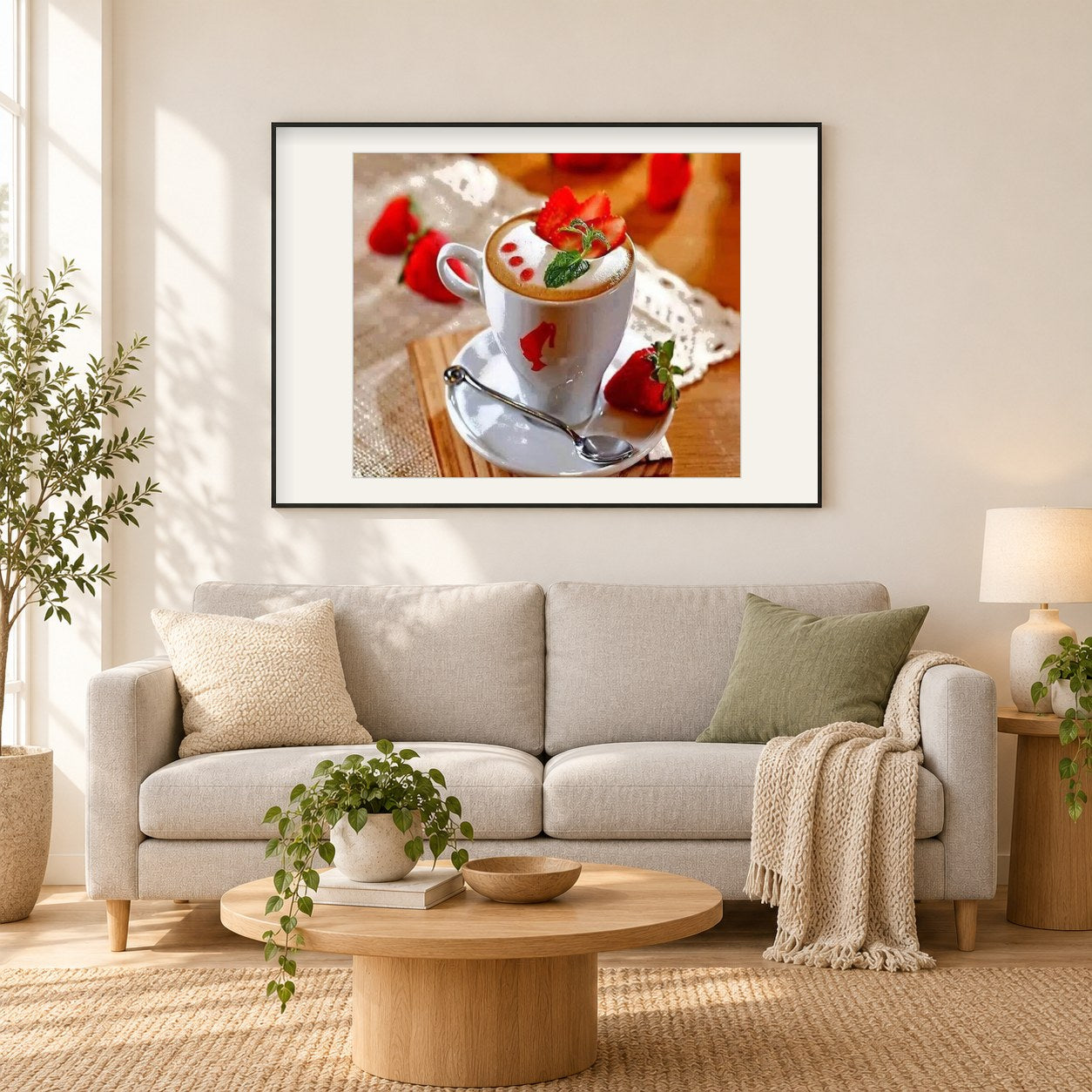Kaffeetasse & Erdbeeren als gerahmtes Diamond Painting im Wohnzimmer