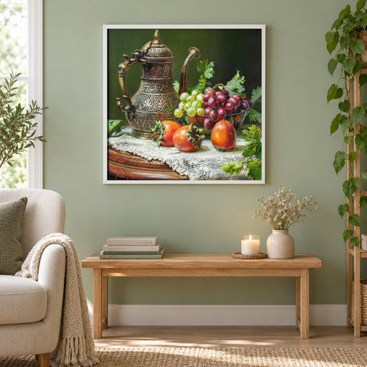 Kaki & Trauben Stillleben als gerahmtes Diamond Painting im Wohnzimmer