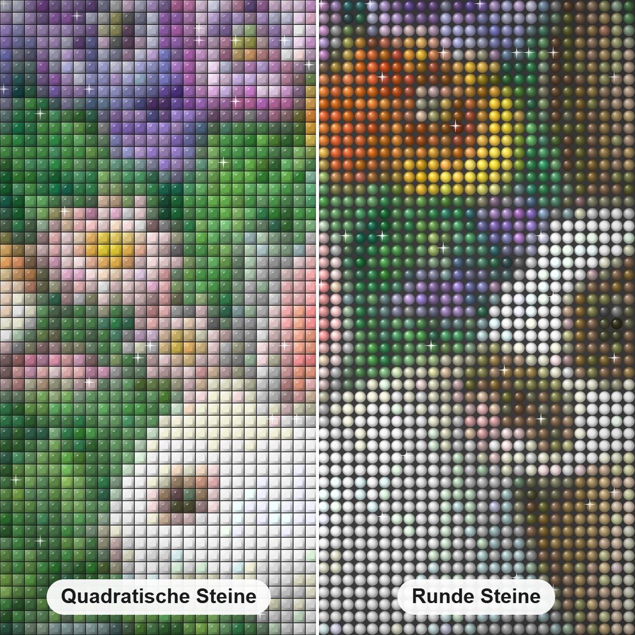 Kaninchen & Blumen Diamond Painting Nahaufnahme mit quadratischen und runden Steinen