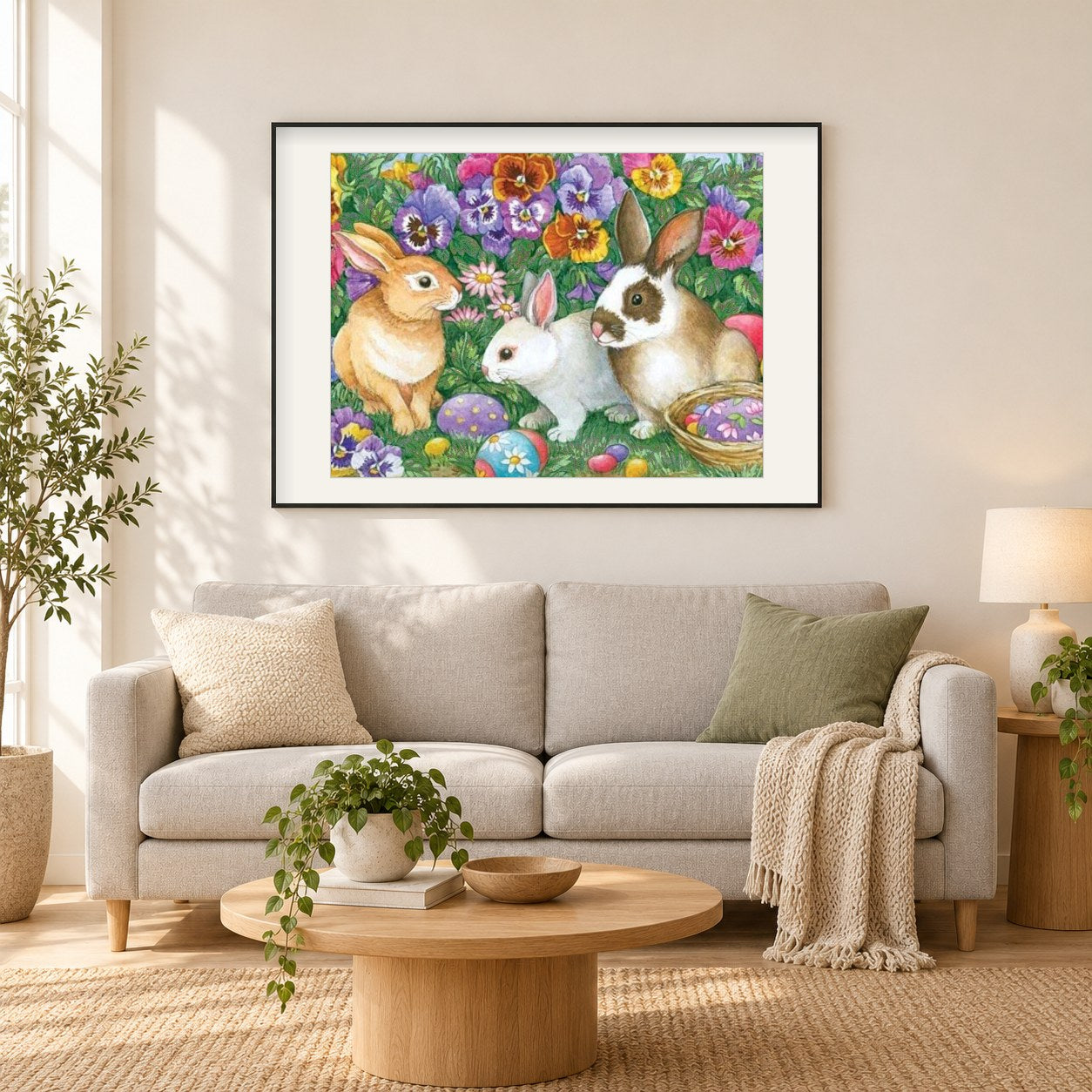 Kaninchen & Blumen als gerahmtes Diamond Painting im Wohnzimmer