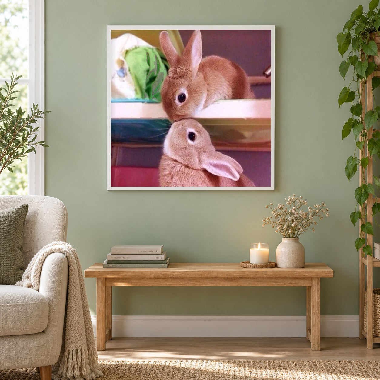 Kaninchen küssen sich als gerahmtes Diamond Painting im Wohnzimmer