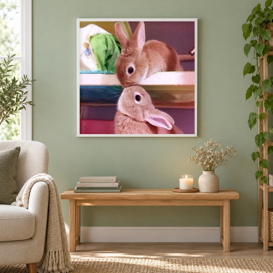 Kaninchen küssen sich als gerahmtes Diamond Painting im Wohnzimmer
