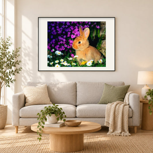 Kaninchen sitzen in Blumen als gerahmtes Diamond Painting im Wohnzimmer