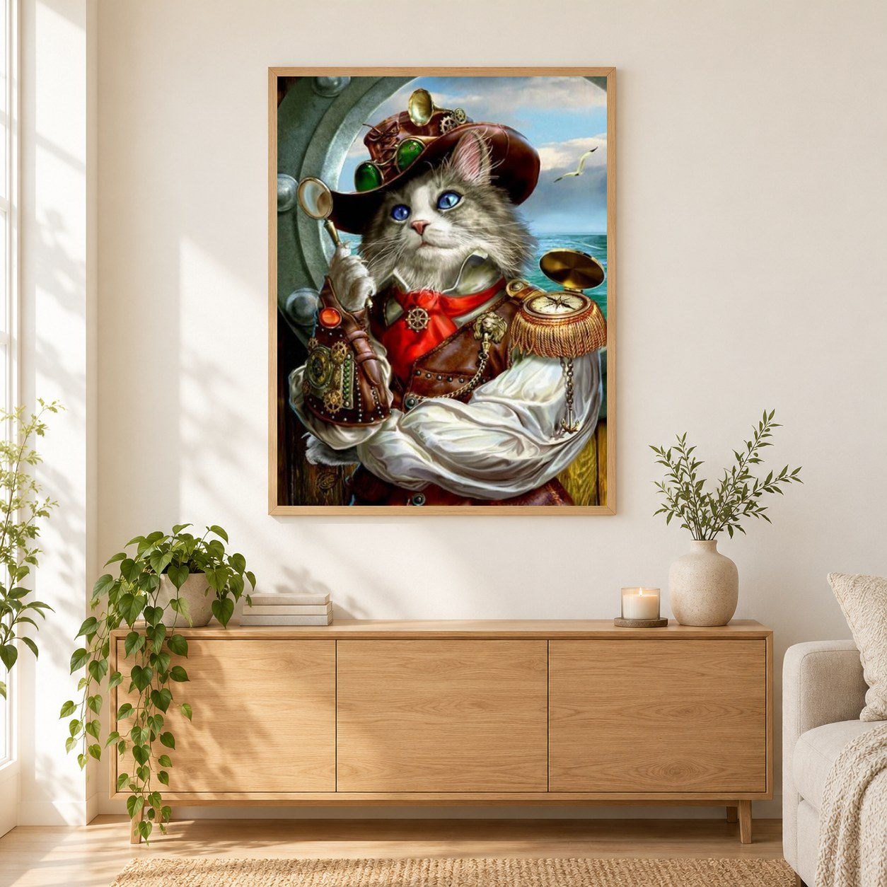 Kapitän Katze als gerahmtes Diamond Painting im Wohnzimmer