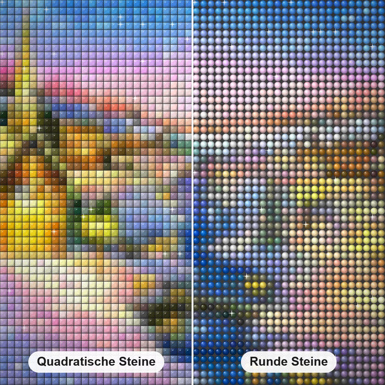 Kardinäle in der Winternacht Diamond Painting Nahaufnahme mit quadratischen und runden Steinen