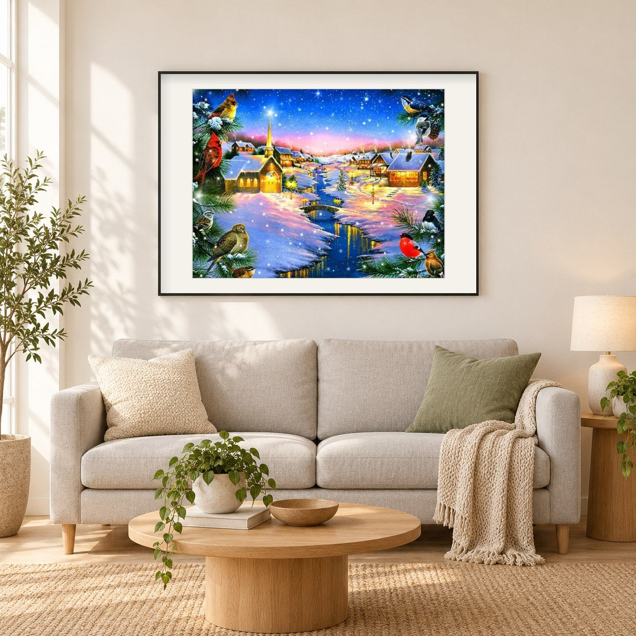 Kardinäle in der Winternacht als gerahmtes Diamond Painting im Wohnzimmer