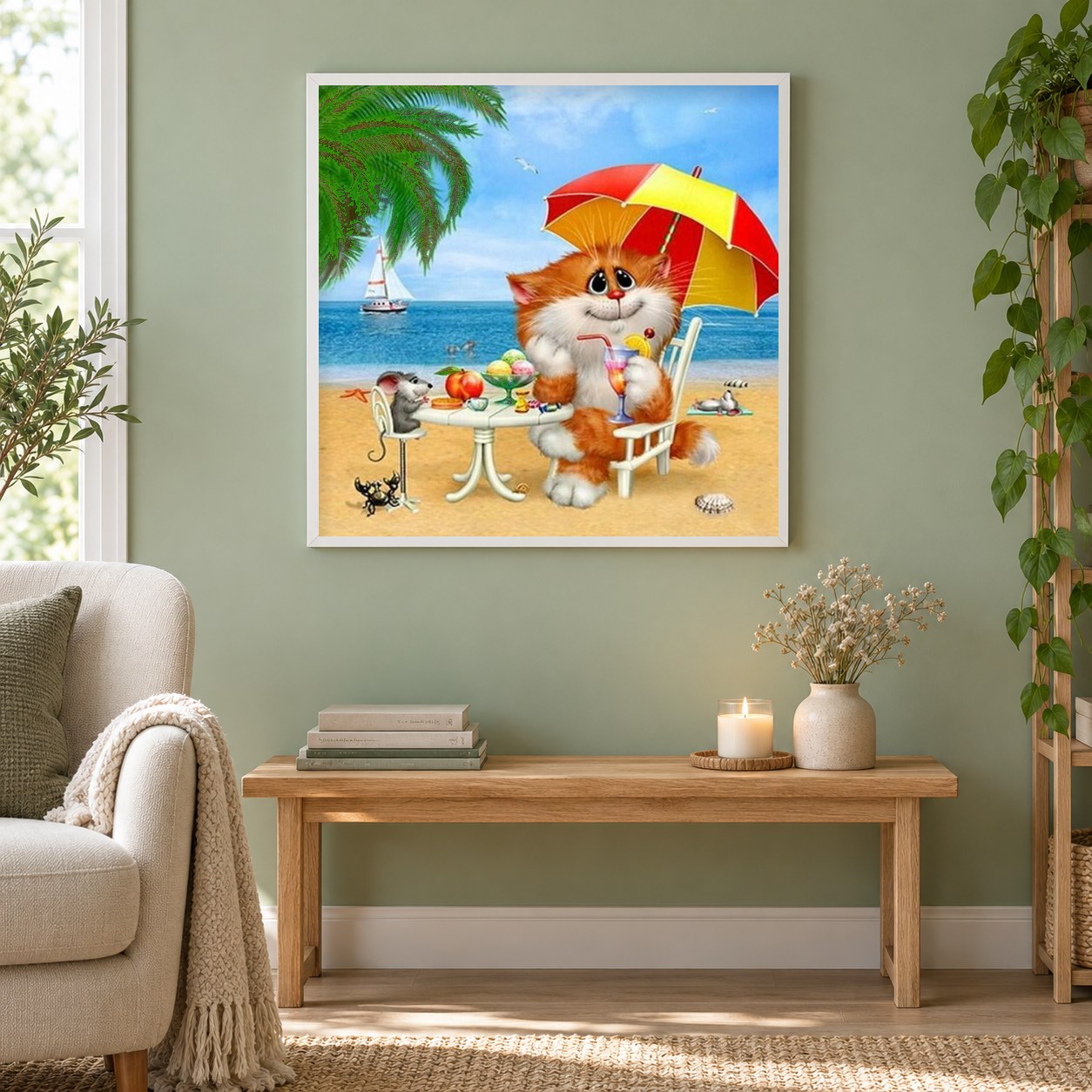 Karikatur am Strand als gerahmtes Diamond Painting im Wohnzimmer