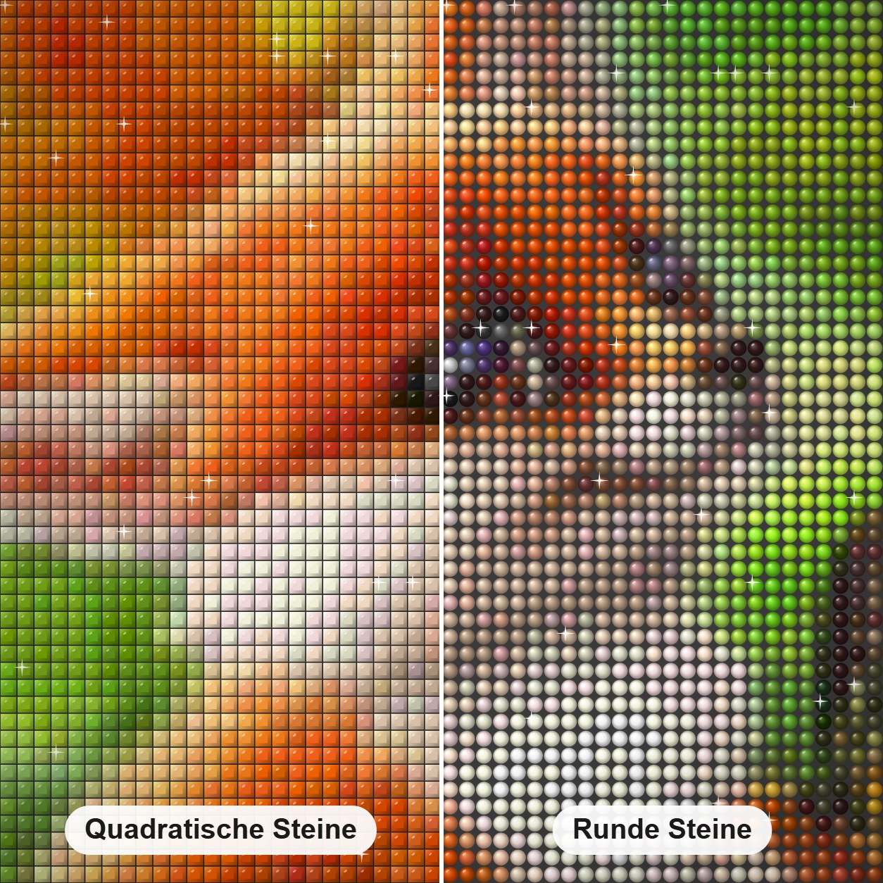 Karikatur Fuchs & Schmetterling Diamond Painting Nahaufnahme mit quadratischen und runden Steinen