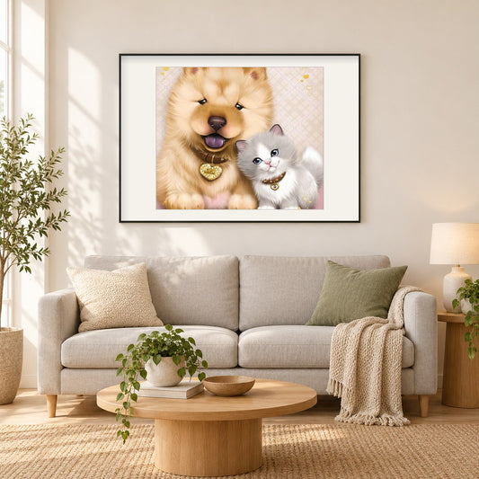 karikatur Hund & Katze als gerahmtes Diamond Painting im Wohnzimmer