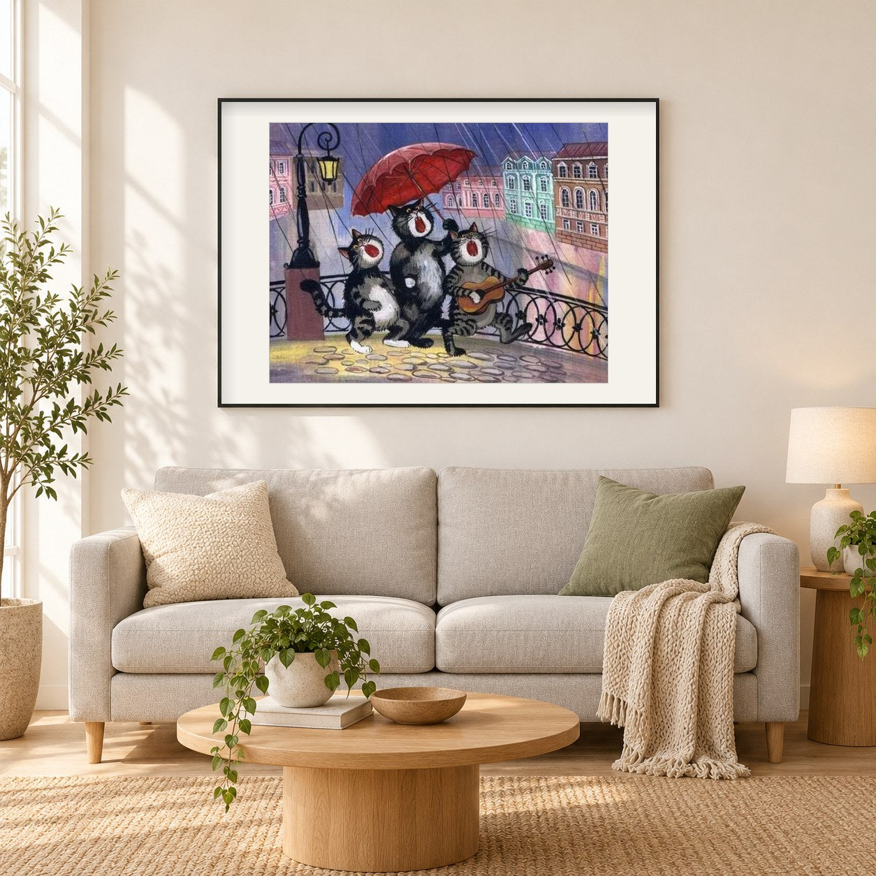 Karikatur Katzen, die Gitarre spielen als gerahmtes Diamond Painting im Wohnzimmer