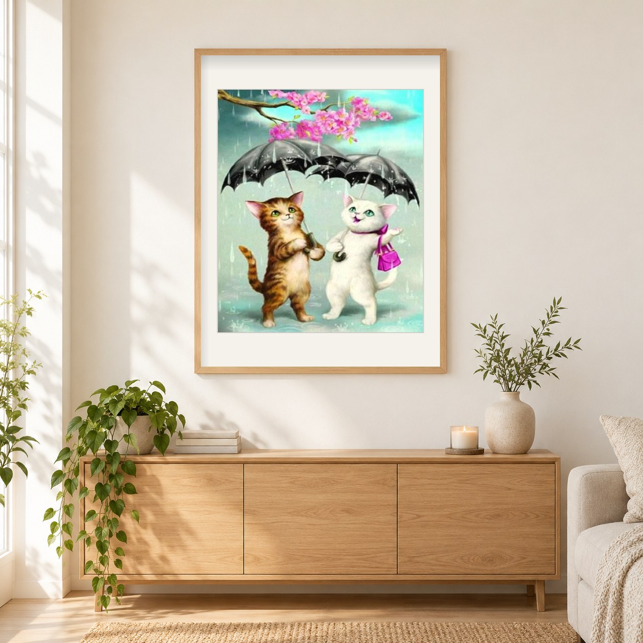 Karikatur-Katzen im Regen als gerahmtes Diamond Painting im Wohnzimmer