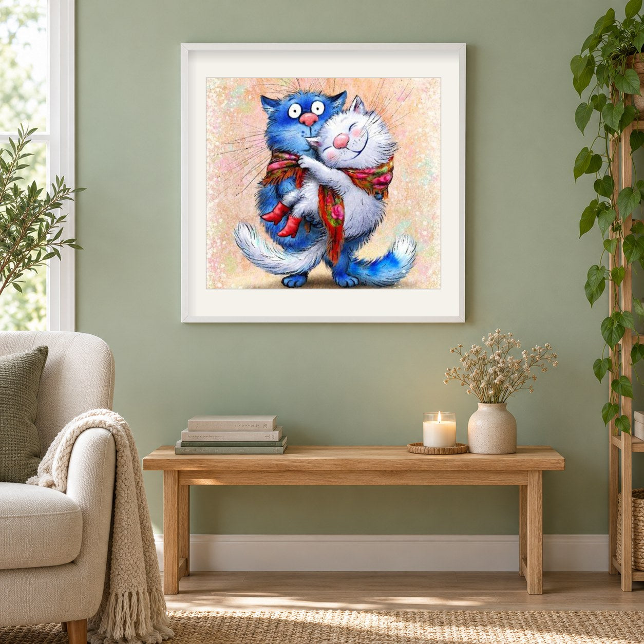 Karikatur Katzen verliebt als gerahmtes Diamond Painting im Wohnzimmer