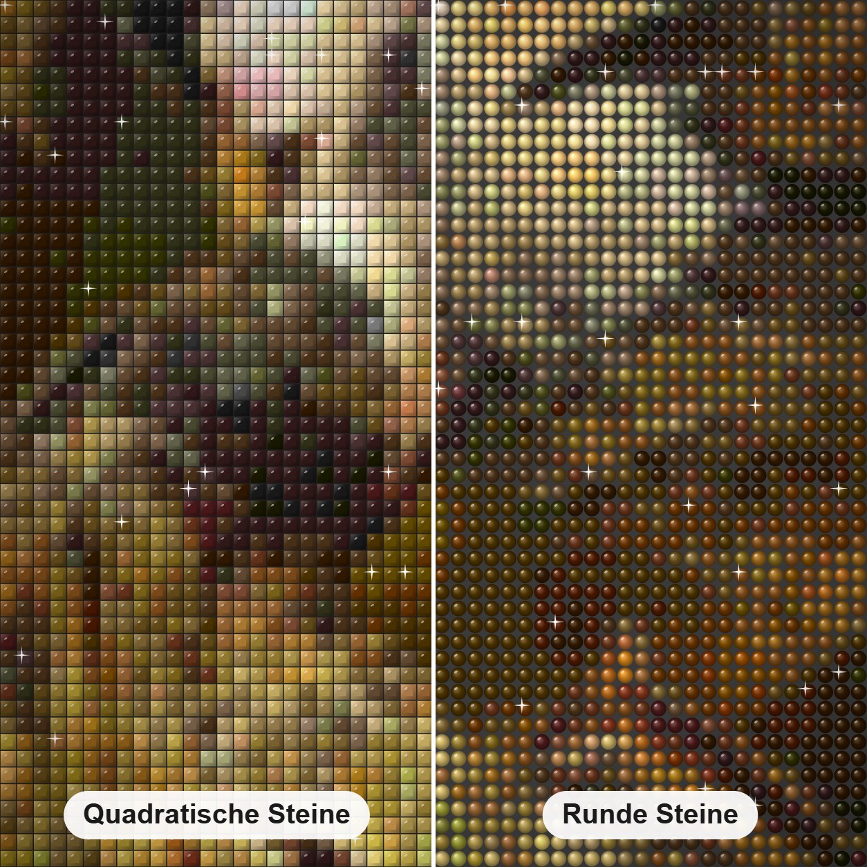 Karol zurück Diamond Painting Nahaufnahme mit quadratischen und runden Steinen