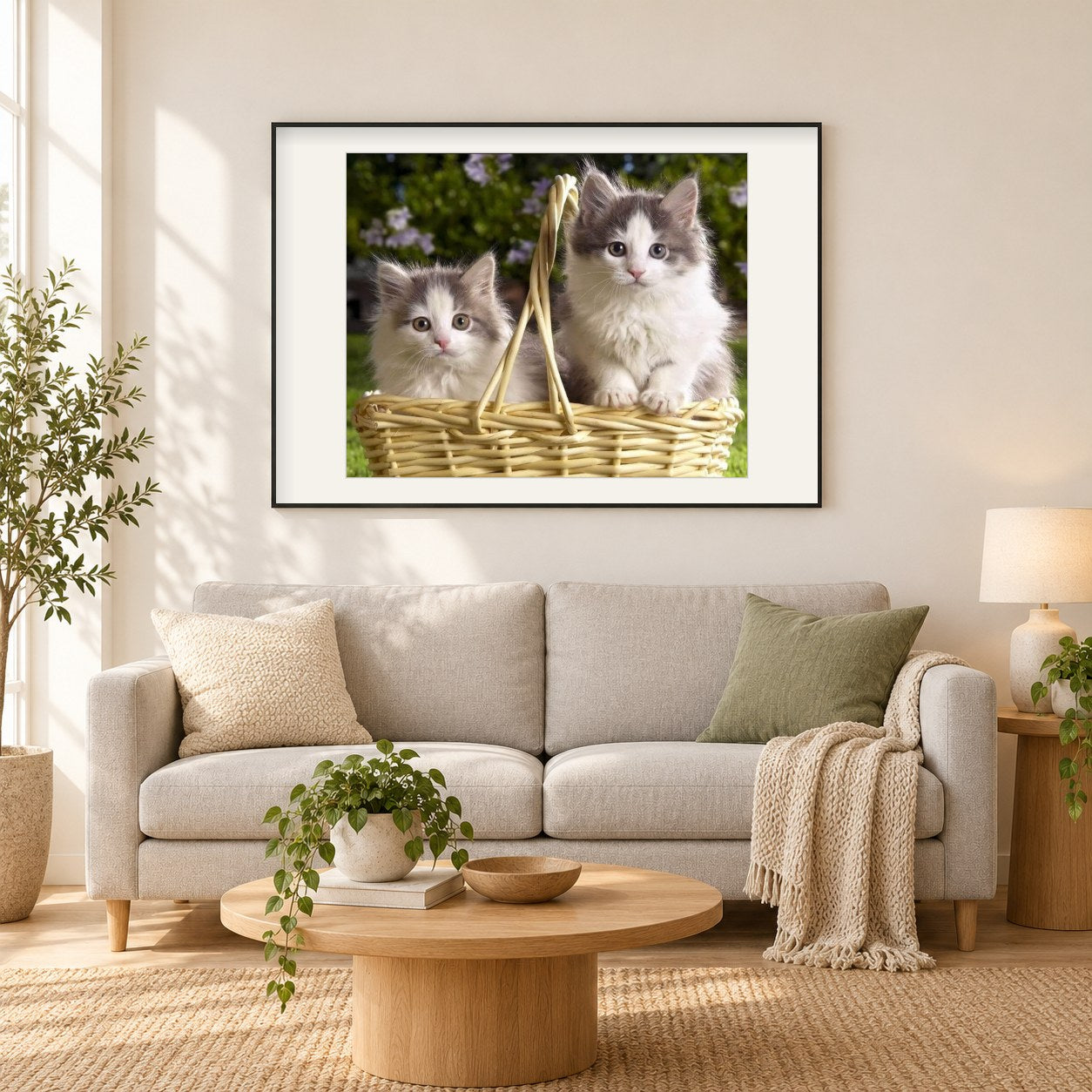 Kätzchen im Korb als gerahmtes Diamond Painting im Wohnzimmer