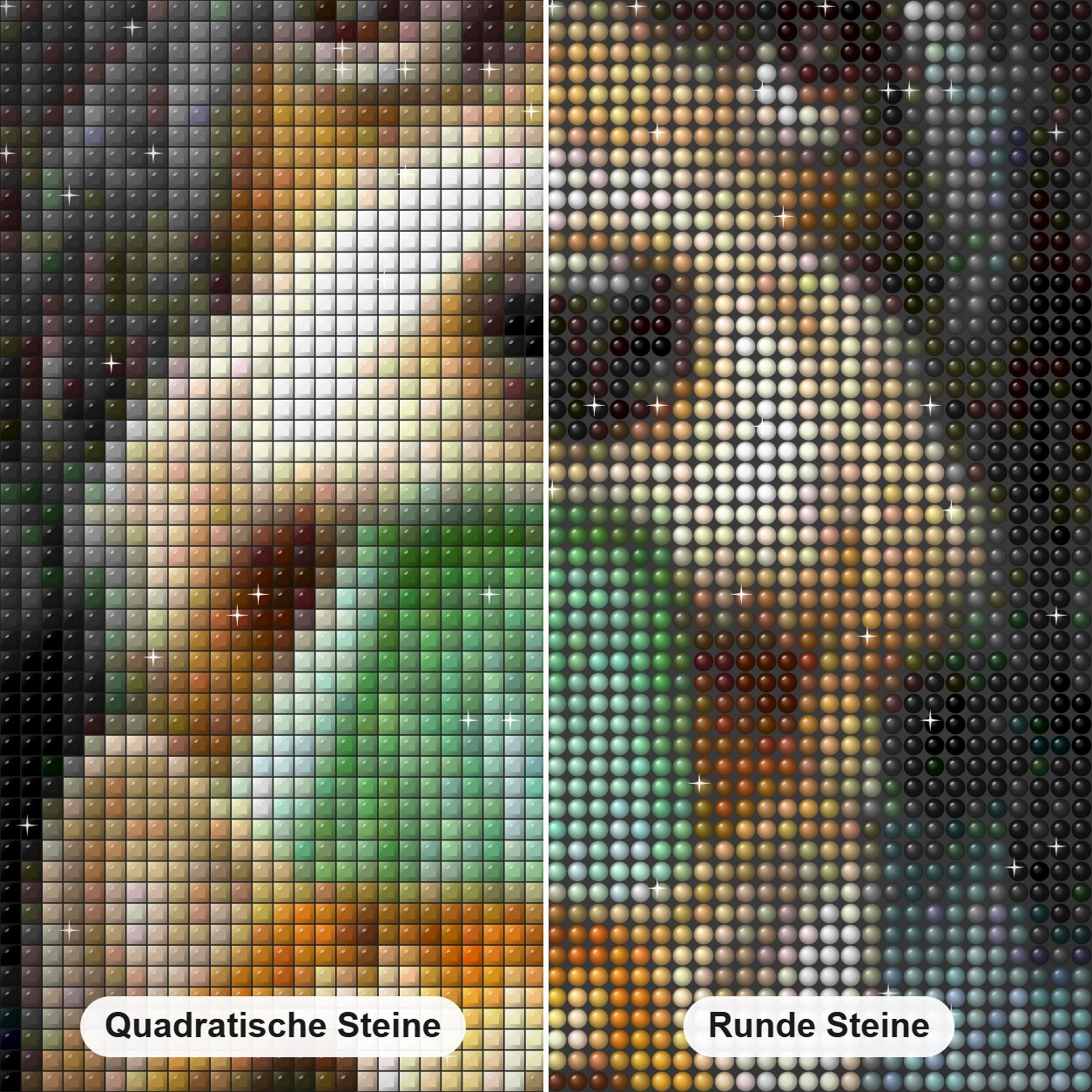 Kätzchen und Welpe Diamond Painting Nahaufnahme mit quadratischen und runden Steinen