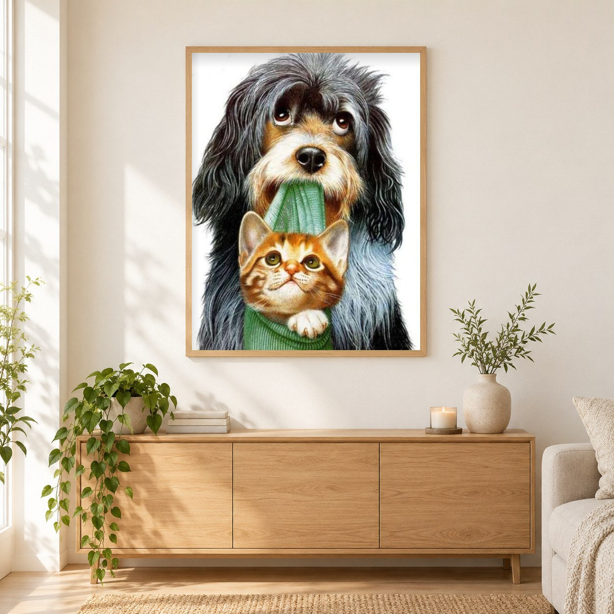 Kätzchen und Welpe als gerahmtes Diamond Painting im Wohnzimmer