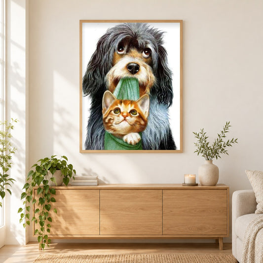 Kätzchen und Welpe als gerahmtes Diamond Painting im Wohnzimmer