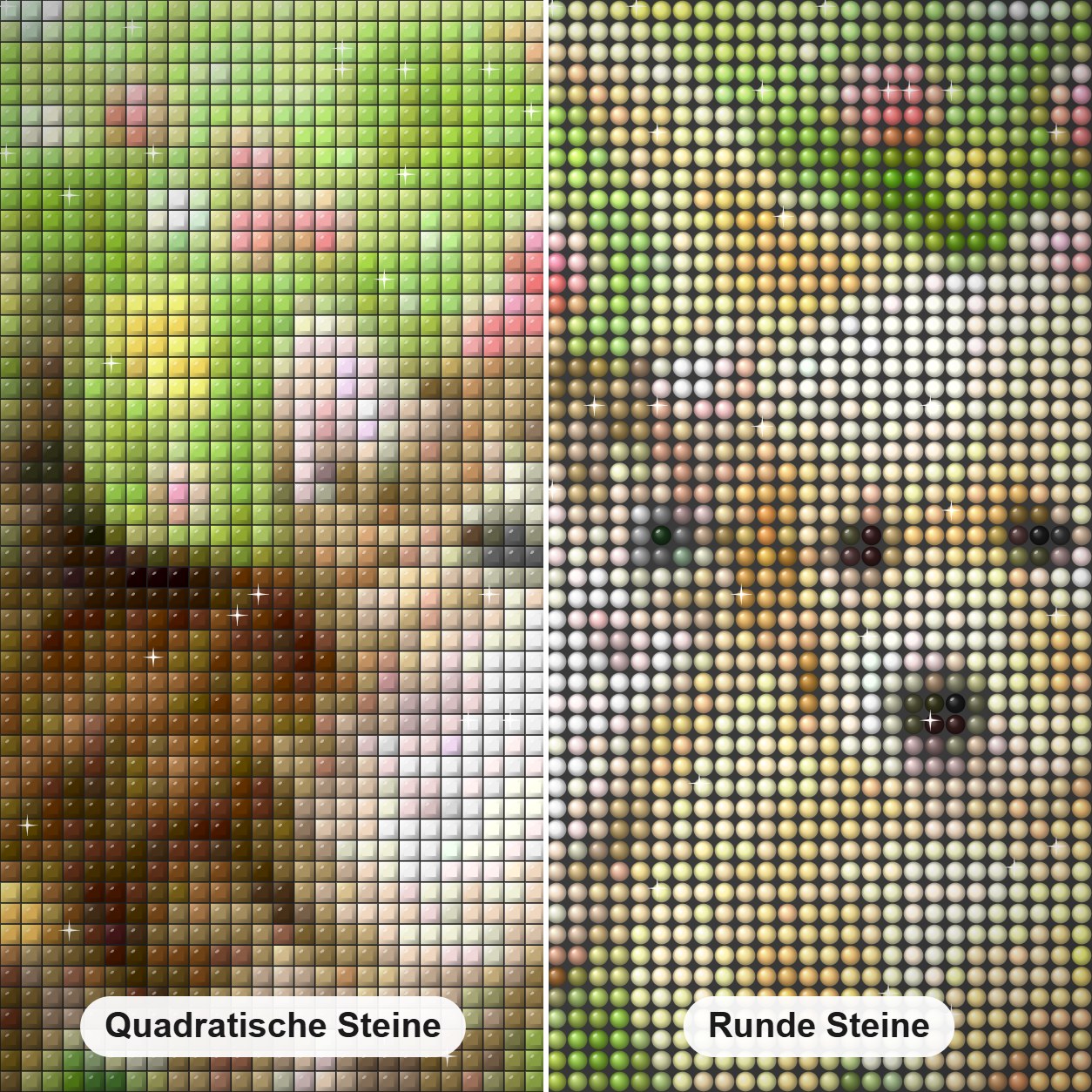 Kätzchen & Welpe im Garten Diamond Painting Nahaufnahme mit quadratischen und runden Steinen