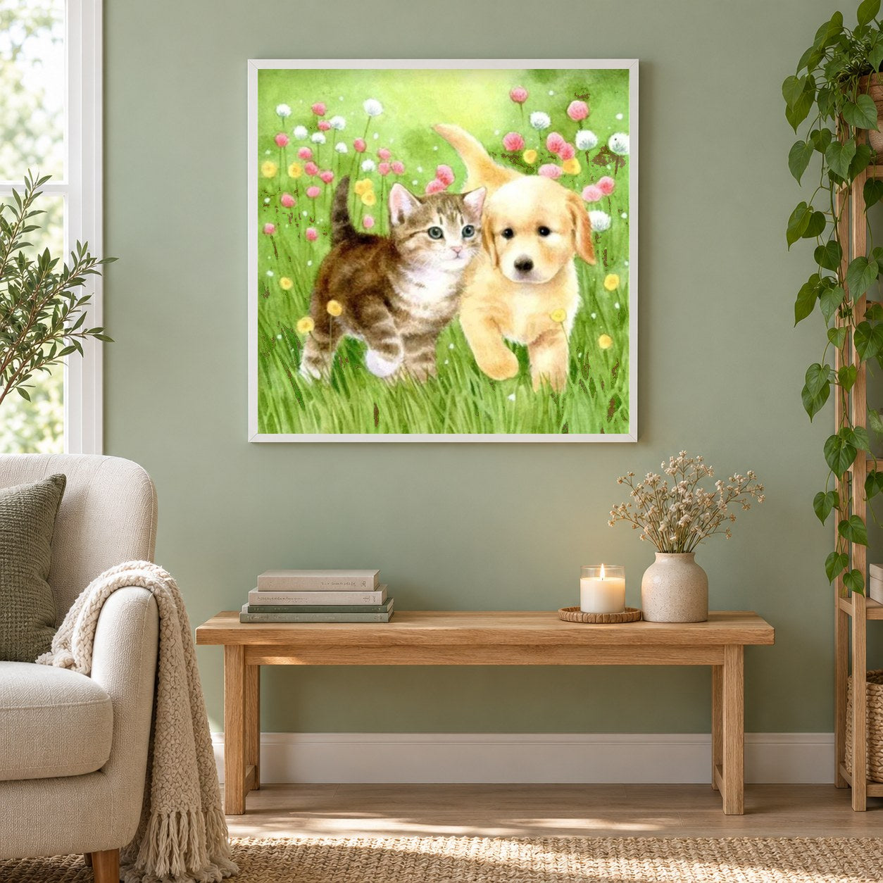 Kätzchen & Welpe im Garten als gerahmtes Diamond Painting im Wohnzimmer
