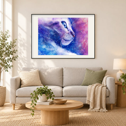 Katze Fantasie als gerahmtes Diamond Painting im Wohnzimmer