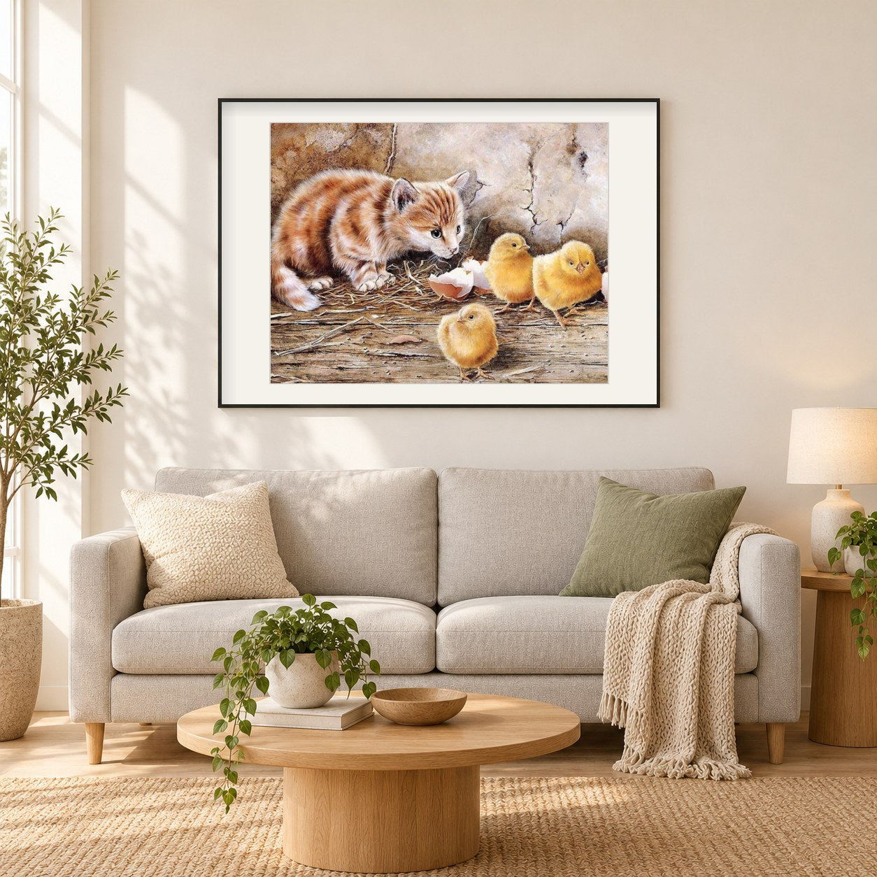 Katze & Küken als gerahmtes Diamond Painting im Wohnzimmer