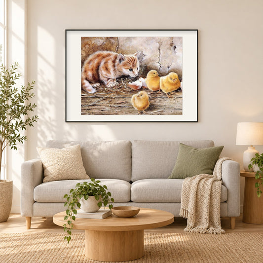 Katze & Küken als gerahmtes Diamond Painting im Wohnzimmer